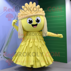 Gold Celery mascot costume character dressed with a Circle Skirt and Hair clips