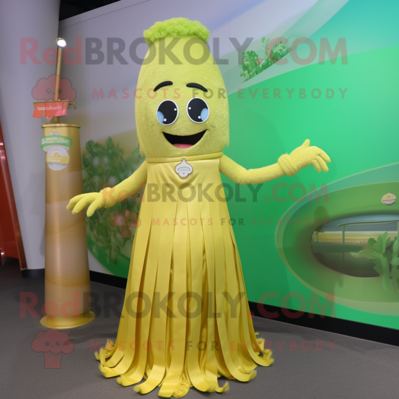 Gold Celery mascot costume character dressed with a Circle Skirt and Hair clips