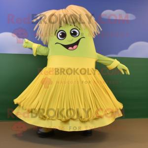 Gold Celery mascot costume character dressed with a Circle Skirt and Hair clips