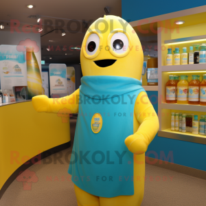 Cyan Bottle Of Mustard mascot costume character dressed with a Cover-up and Wraps