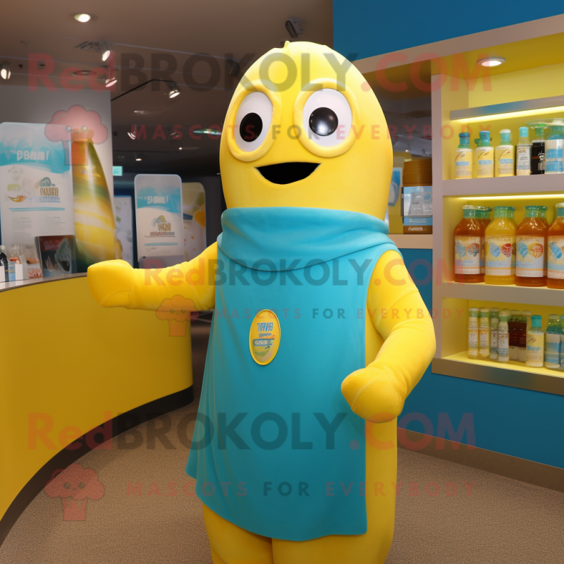 Cyan Bottle Of Mustard mascot costume character dressed with a Cover-up and Wraps Cyan Bottle Of Mustard mascot costume character dressed with a Cover-up and Wraps