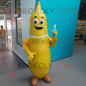 Cyan Bottle Of Mustard mascot costume character dressed with a Cover-up and Wraps