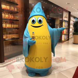 Cyan Bottle Of Mustard mascot costume character dressed with a Cover-up and Wraps