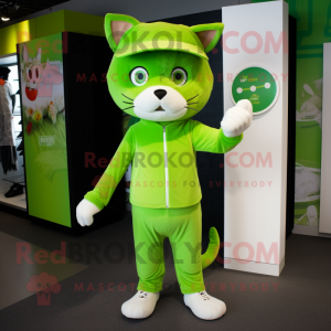 Lime Green Cat mascot costume character dressed with a Jeggings and Caps