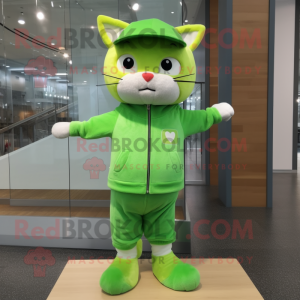 Lime Green Cat mascot costume character dressed with a Jeggings and Caps