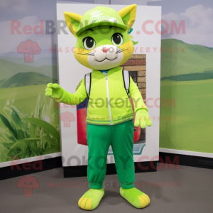 Lime Green Cat mascot costume character dressed with a Jeggings and Caps