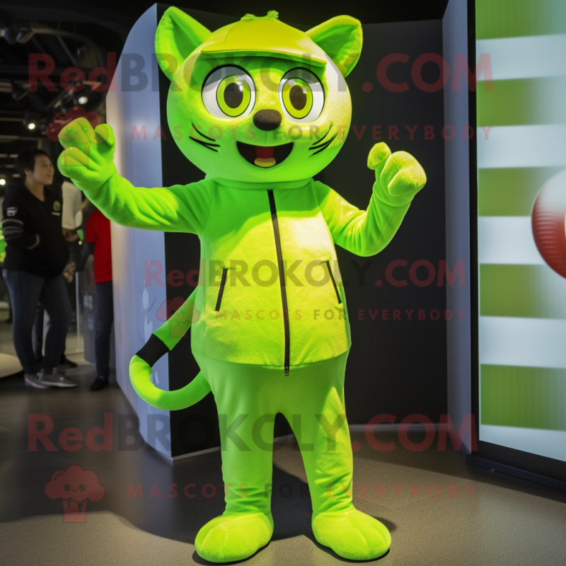 Lime Green Cat mascot costume character dressed with a Jeggings and Caps