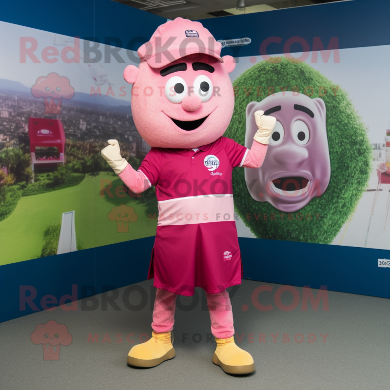 Pink Spinach mascot costume character dressed with a Rugby Shirt and Caps Pink Spinach mascot costume character dressed with a Rugby Shirt and Caps
