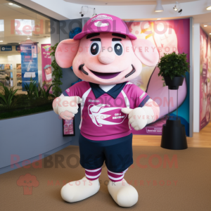 Pink Spinach mascot costume character dressed with a Rugby Shirt and Caps