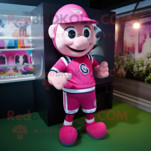 Pink Spinach mascot costume character dressed with a Rugby Shirt and Caps