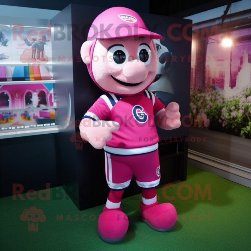 Pink Spinach mascot costume character dressed with a Rugby Shirt and Caps Pink Spinach mascot costume character dressed with a Rugby Shirt and Caps