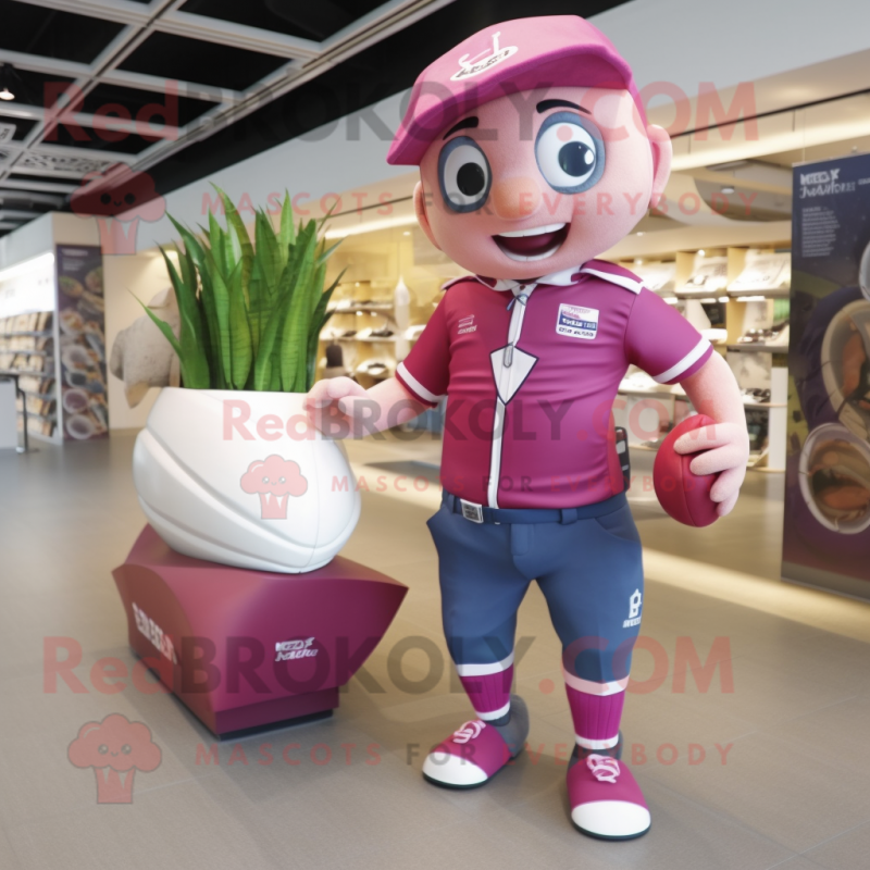 Pink Spinach mascot costume character dressed with a Rugby Shirt and Caps