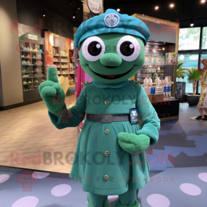 Cyan Green Beret mascot costume character dressed with a Midi Dress and Shawls