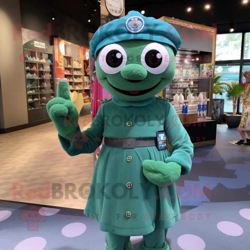 Cyan Green Beret mascot costume character dressed with a Midi Dress and Shawls
