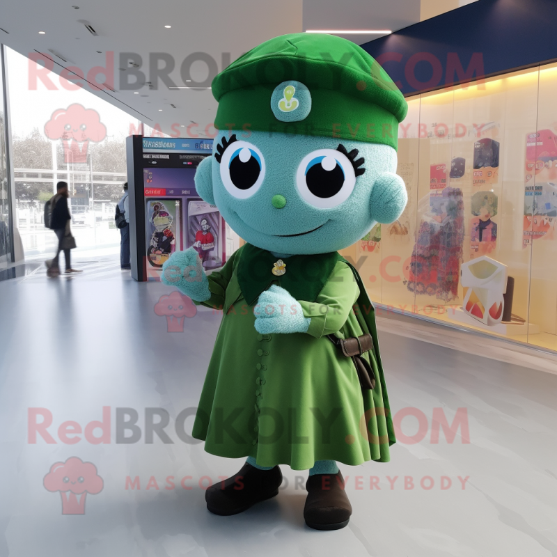 Cyan Green Beret mascot costume character dressed with a Midi Dress and Shawls Cyan Green Beret mascot costume character dressed with a Midi Dress and Shawls