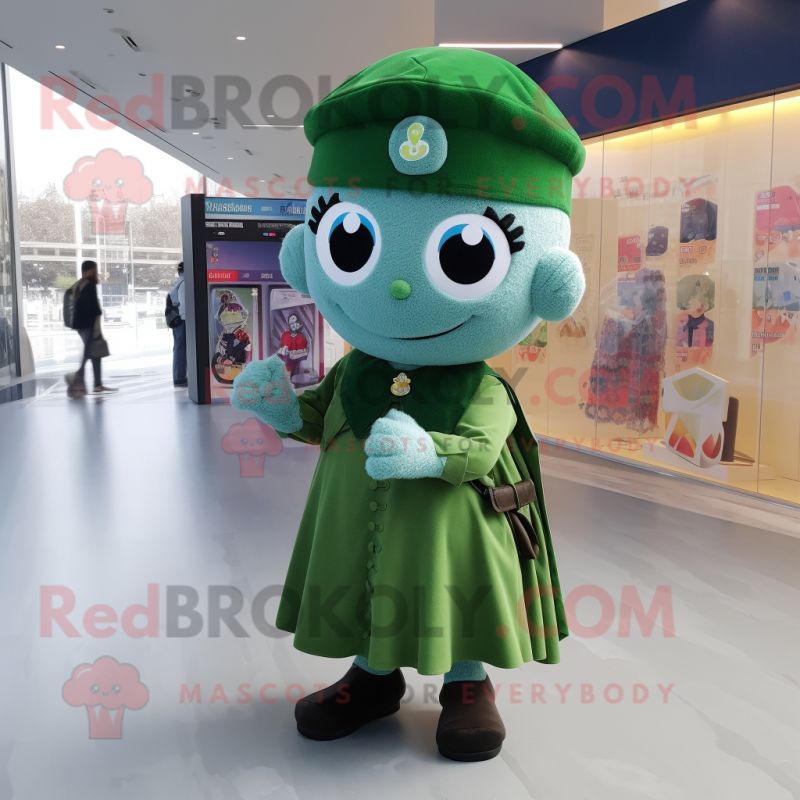 Cyan Green Beret mascot costume character dressed with a Midi Dress and Shawls