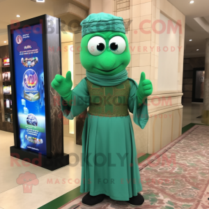 Cyan Green Beret mascot costume character dressed with a Midi Dress and Shawls