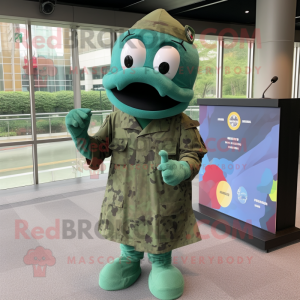 Cyan Green Beret mascot costume character dressed with a Midi Dress and Shawls