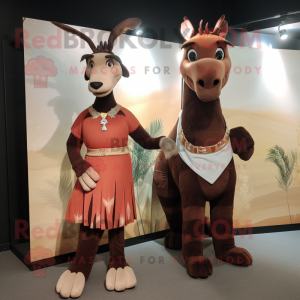 Rust Okapi mascot costume character dressed with a Evening Gown and Mittens