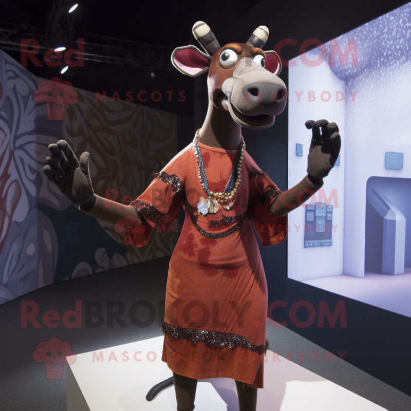 Rust Okapi mascot costume character dressed with a Evening Gown and Mittens