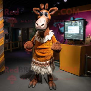 Rust Okapi mascot costume character dressed with a Evening Gown and Mittens