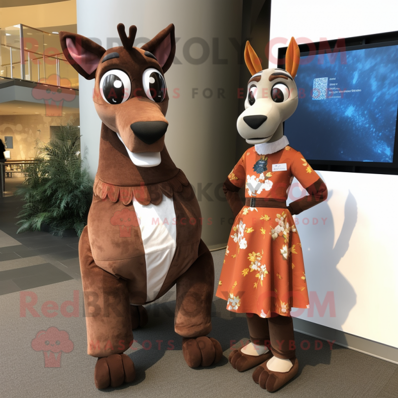 Rust Okapi mascot costume character dressed with a Evening Gown and Mittens