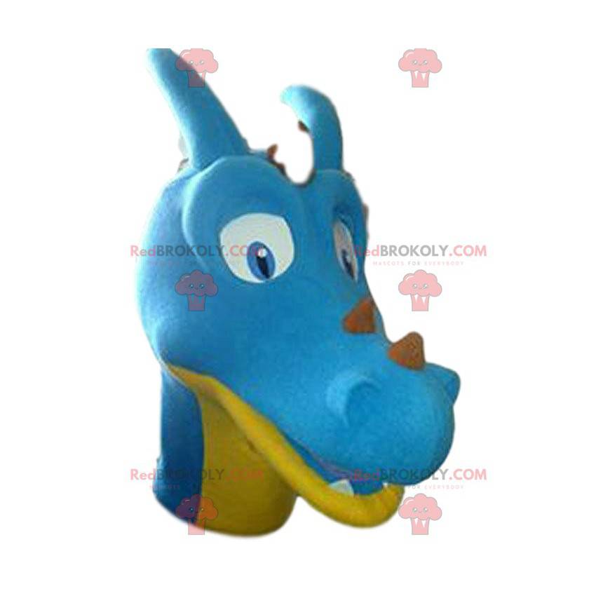 Blue and yellow dinosaur mascot. Dinosaur costume -