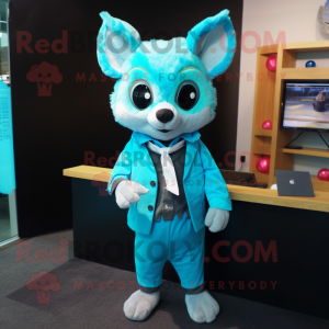 Cyan Flying Squirrel mascot costume character dressed with a Suit Jacket and Cummerbunds