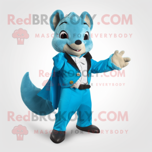 Cyan Flying Squirrel mascot costume character dressed with a Suit Jacket and Cummerbunds