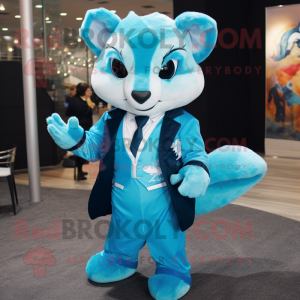 Cyan Flying Squirrel mascot costume character dressed with a Suit Jacket and Cummerbunds