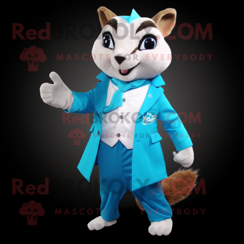 Cyan Flying Squirrel mascot costume character dressed with a Suit Jacket and Cummerbunds