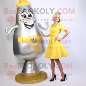 Silver Bottle Of Mustard mascot costume character dressed with a Mini Skirt and Shoe clips
