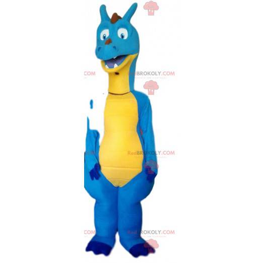 Blue and yellow dinosaur mascot. Dinosaur costume -
