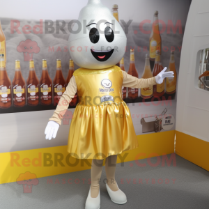 Silver Bottle Of Mustard mascot costume character dressed with a Mini Skirt and Shoe clips