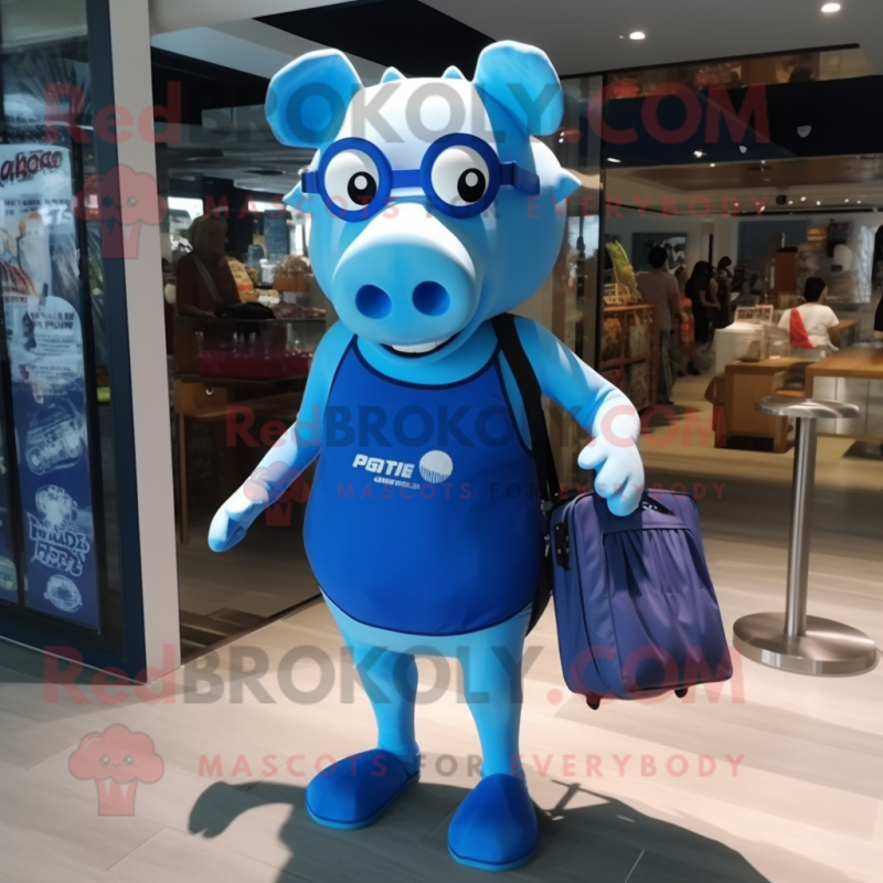 Blue Pig mascot costume character dressed with a One-Piece Swimsuit and Messenger bags