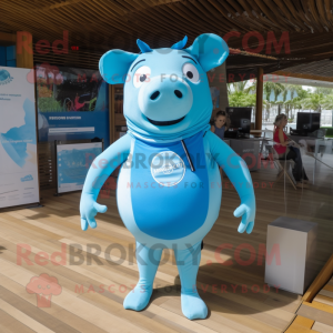 Blue Pig mascot costume character dressed with a One-Piece Swimsuit and Messenger bags