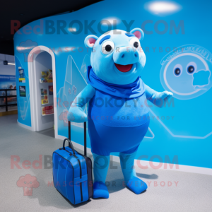 Blue Pig mascot costume character dressed with a One-Piece Swimsuit and Messenger bags