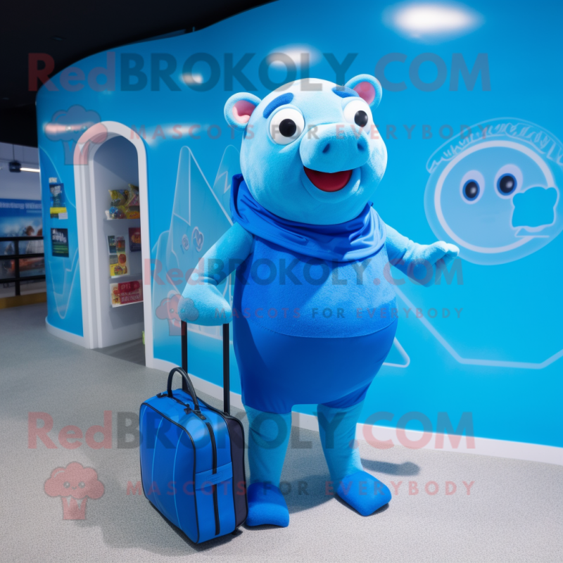 Blue Pig mascot costume character dressed with a One-Piece Swimsuit and Messenger bags