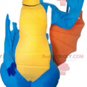 Blaues und gelbes Dinosauriermaskottchen. Dinosaurier Kostüm -