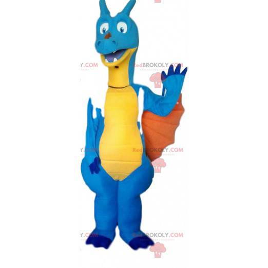 Blaues und gelbes Dinosauriermaskottchen. Dinosaurier Kostüm -