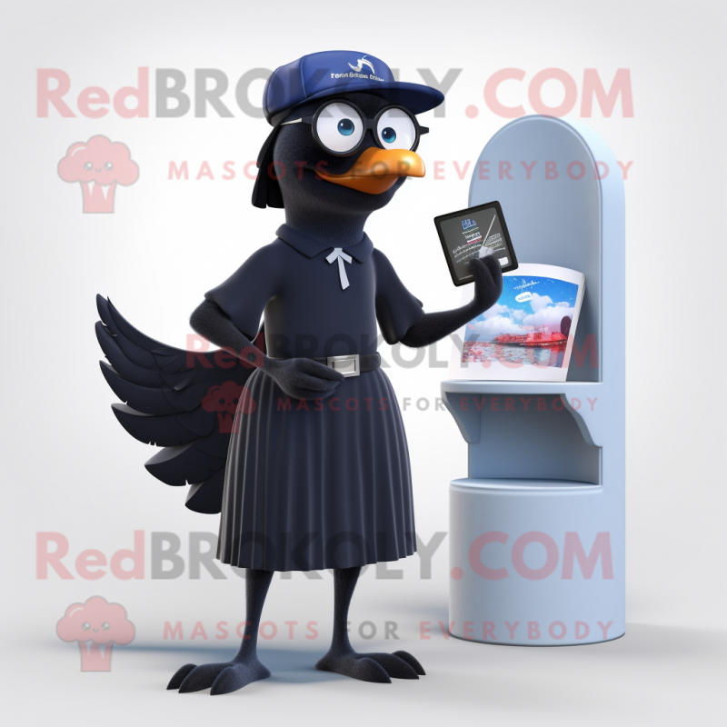 Navy Crow mascot costume character dressed with a A-Line Dress and Reading glasses Navy Crow mascot costume character dressed with a A-Line Dress and Reading glasses