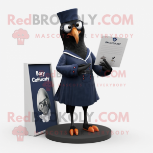 Navy Crow mascot costume character dressed with a A-Line Dress and Reading glasses
