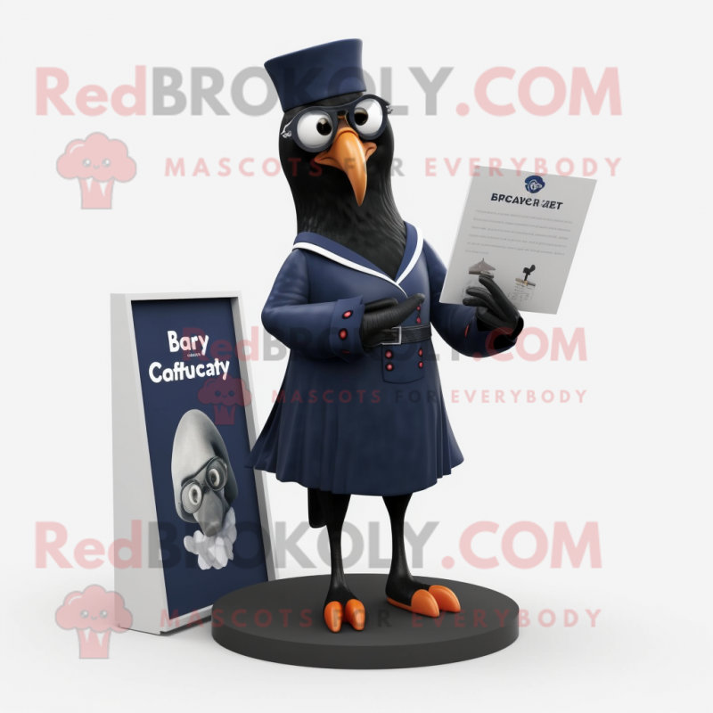 Navy Crow mascot costume character dressed with a A-Line Dress and Reading glasses Navy Crow mascot costume character dressed with a A-Line Dress and Reading glasses