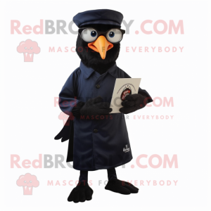 Navy Crow mascot costume character dressed with a A-Line Dress and Reading glasses