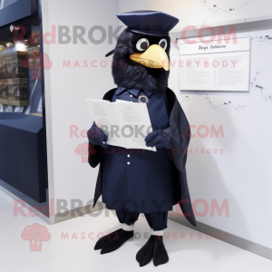 Navy Crow mascot costume character dressed with a A-Line Dress and Reading glasses