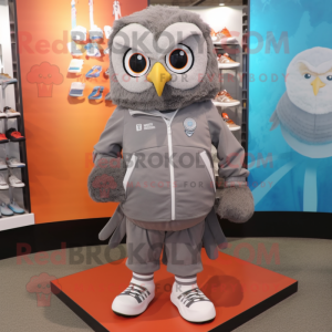 Gray Owl mascot costume character dressed with a Windbreaker and Shoe laces