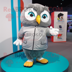 Gray Owl mascot costume character dressed with a Windbreaker and Shoe laces