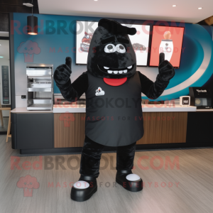 Black Steak mascot costume character dressed with a Leggings and Gloves