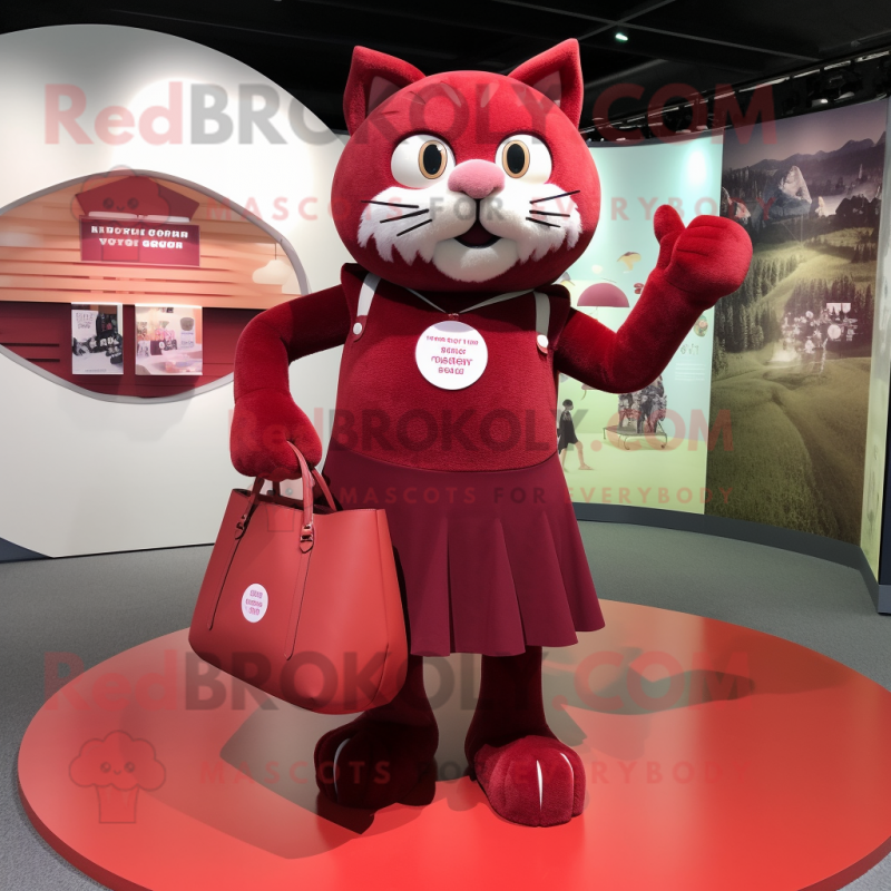 Maroon Cat mascot costume character dressed with a Circle Skirt and Tote bags Maroon Cat mascot costume character dressed with a Circle Skirt and Tote bags