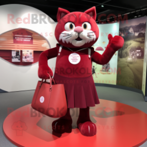 Maroon Cat mascot costume character dressed with a Circle Skirt and Tote bags